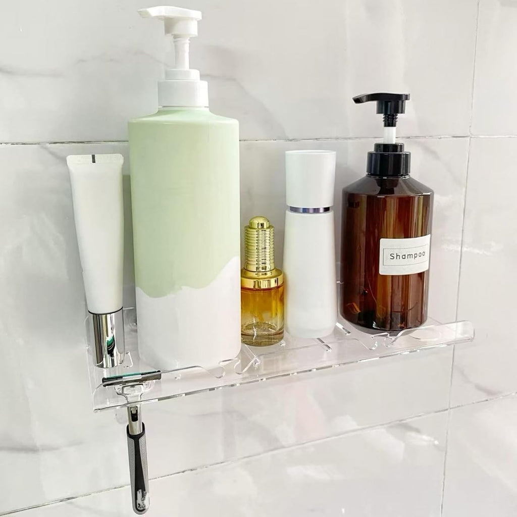 Corner Shower Caddy Shelf Rack 2 Tier Adhesive Shower Organizer Essentials - No Drilling Acrylic Bathroom Storage Rack with Hooks No Drilling Shelves (12"x4" 2 Tier Clear)
