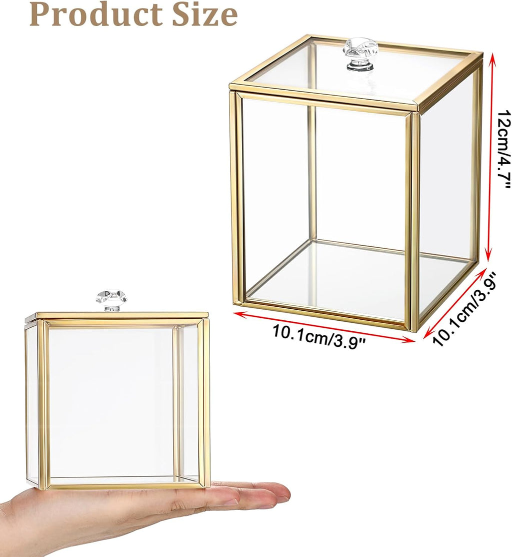 Hipiwe Gold Glass Vanity Box Vintage Apothecary Jars with Lids Cotton Pad Dispenser Qtip Holder Cotton Ball Swab Round Organizer Bathroom Canister Storage Jar for Q-tip, 3.9" L x 3.9" W x 4.7" H