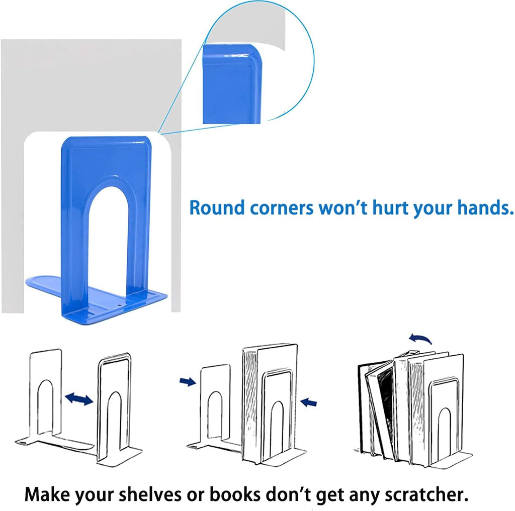 Metal Book Ends for Office Home, Book Shelf Holder Home Decorative, Book Ends for Heavy Books/Movies/CDs, Blue 6.5 x 5 x 5.7 in, 4 Pair/ 8 Piece