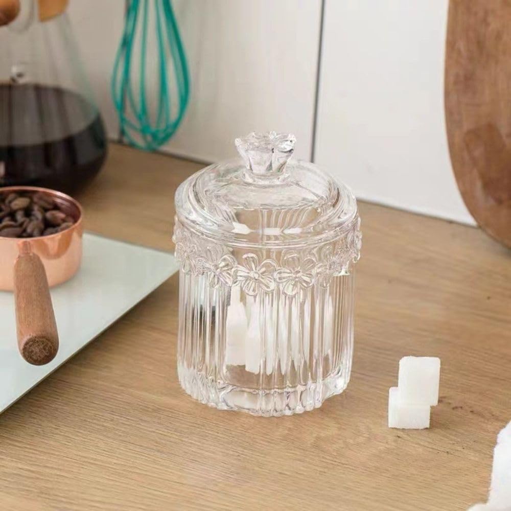 2 Pack Qtip Holder Thick Glass Apothecary Jars with Lid for Bathroom, Cotton Swab and Round Organizer, Vanity Storage Canisters for Makeup Pads, Floss (Transparent)