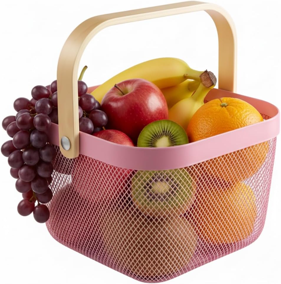 Mesh Steel Storage Organizer Basket Fruit Basket Bin with Wood Handle Ideal for Kitchen Bathroom Picnic Baskets Pantry Cabinets Storage Home Decor (Pink)