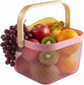 Mesh Steel Storage Organizer Basket Fruit Basket Bin with Wood Handle Ideal for Kitchen Bathroom Picnic Baskets Pantry Cabinets Storage Home Decor (Pink)