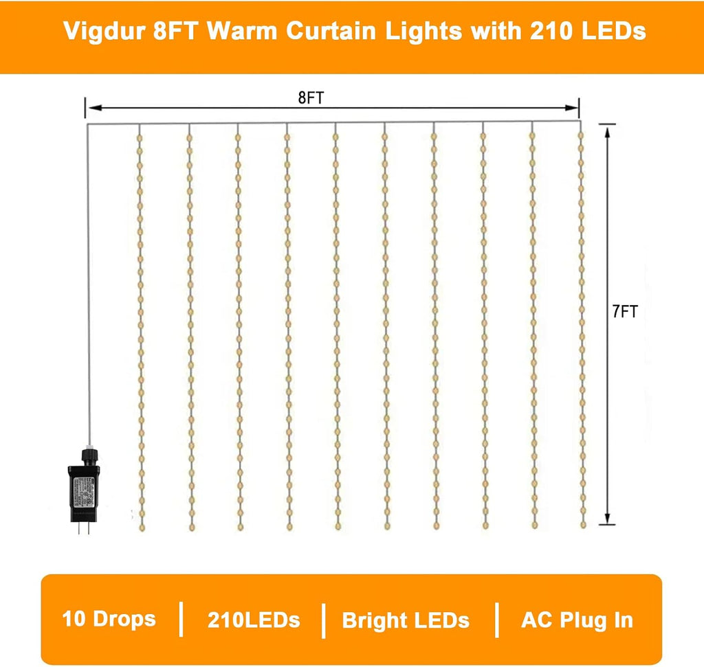 Vigdur Led Curtain String Lights, 8FT 210 Warm LEDs Fairy Lights, 2 Packs