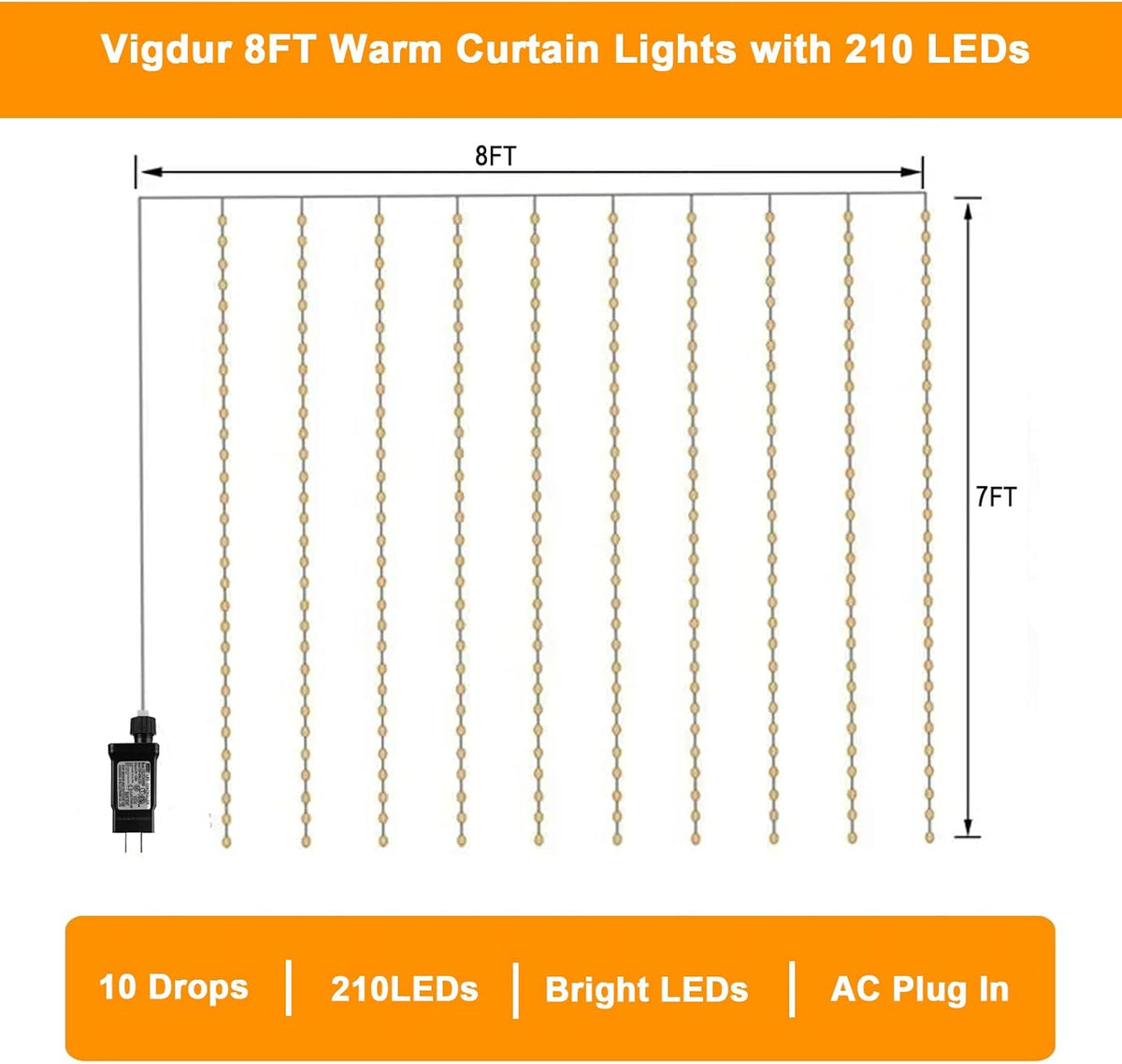 Vigdur Led Curtain String Lights, 8FT 210 Warm LEDs Fairy Lights, 2 Packs