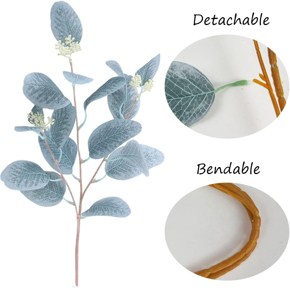 4Pcs Artificial Eucalyptus Leaves Stems Faux Eucalyptus Plant Branches for Vase Filling Home Decoration Flowers Wedding Holiday Arrangement (Light Blue)