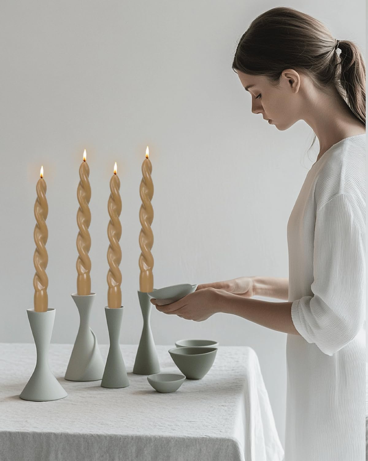 Sahara Beige Twisted Taper Candle Spiral Candlesticks Unscented Smokeless for Fall Decor Holiday Dinner Party Christmas Decorations-7.5inch-4pack