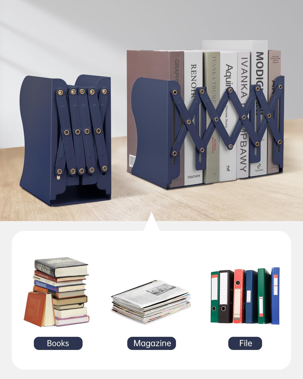Honagu Adjustable Bookends, Metal Book Ends for Shelves Heavy Book, Desk Magazine File Organizer for Home, Office, Books, Papers, Extends up to 19 inches (Royal Blue)