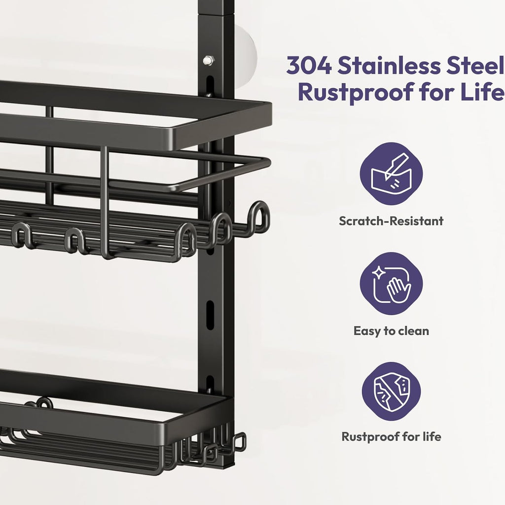 SWTYMIKI Over The Door Shower Caddy - 3 Tier Rustproof Hanging Shower Organizer with Adjustable Shelves, 28 Hooks & Soap Holder, Hanging Shower Rack Storage for Bathroom Accessories, Black