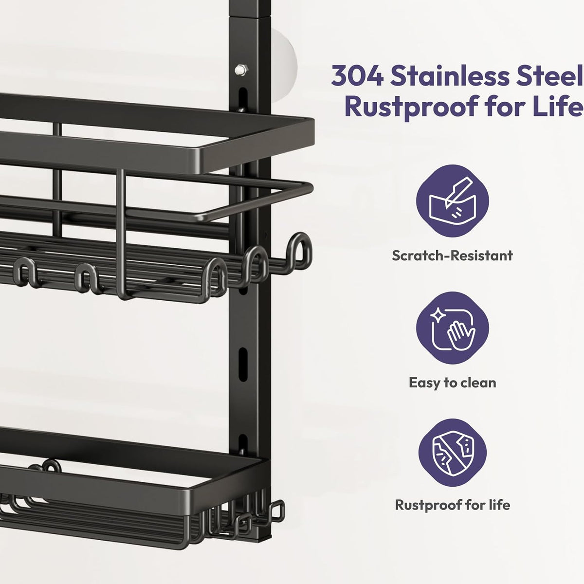 SWTYMIKI Over The Door Shower Caddy - 3 Tier Rustproof Hanging Shower Organizer with Adjustable Shelves, 28 Hooks & Soap Holder, Hanging Shower Rack Storage for Bathroom Accessories, Black