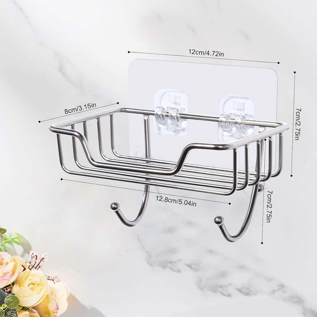 Uten Bar Soap Holder for Shower Wall, Soap Dish Holder with Hooks, No-Drill Stainless Steel Soap Sponge Holder for Bathroom, Silver