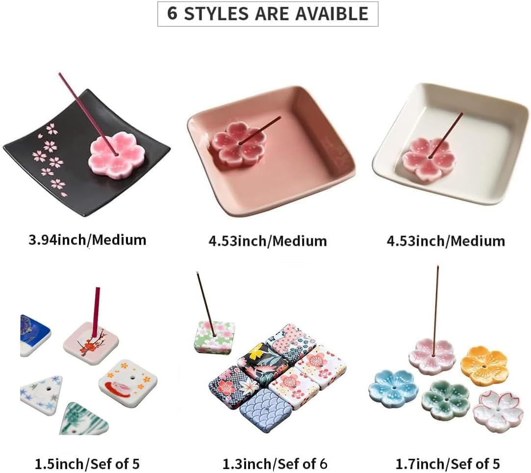 Set of 5, Mini Rabbit/Snowflake/Plum Blossom/Fireworks/Bamboo Triangle Japanese Ceramic Handmade Cute Incense Stick Holder, Unique Ash Catcher Inscent Tray and Decorative Gift, Home Decor 1.49 inch