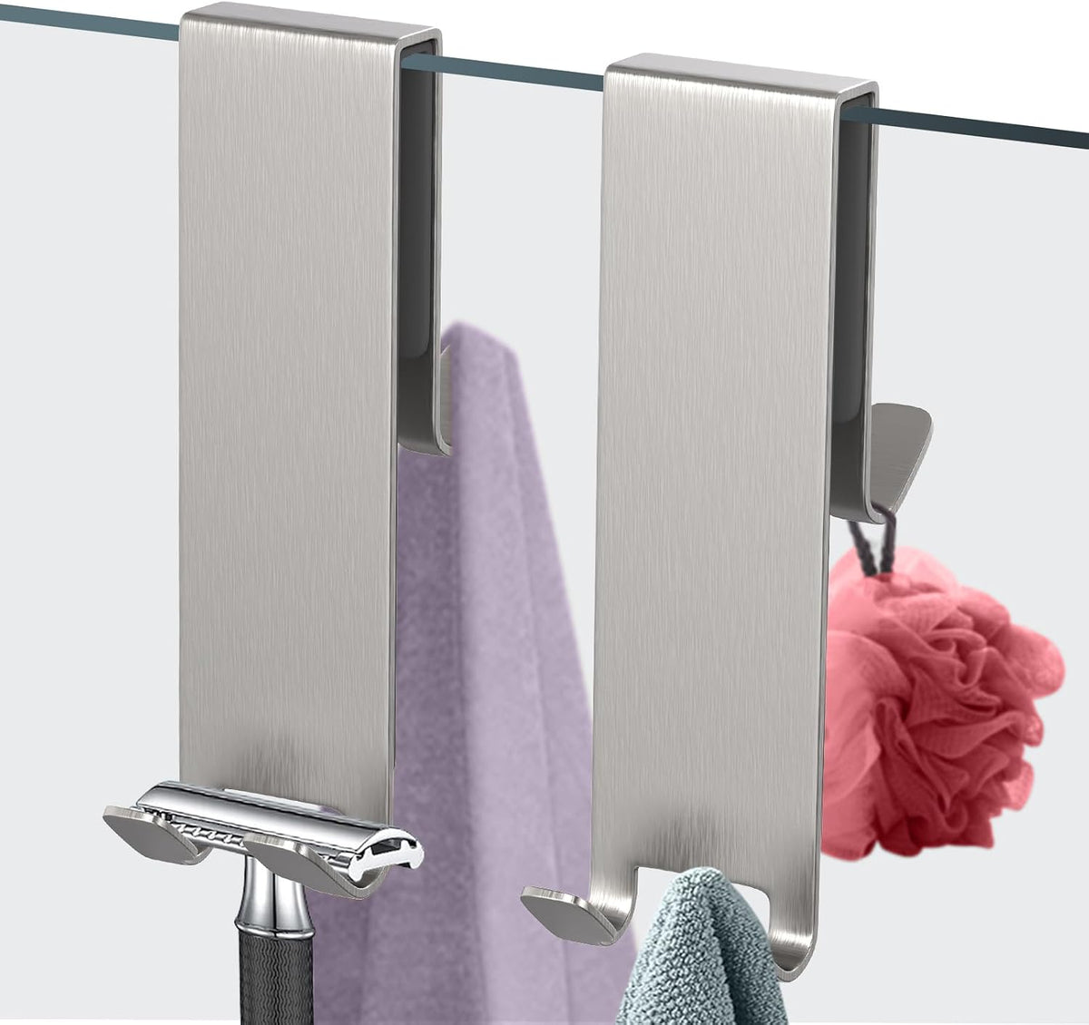 Double Sided Shower Door Hooks for Frameless Glass, Stainless Steel Over the Door Hooks No Drilling Rust Resistant, Towel Hooks for Bathroom Hanging Towels Robes, Silver (2 Pack) Bathroom Organizer