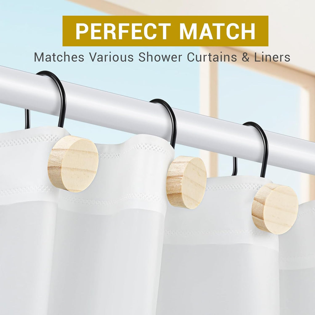 Wood Shower Curtain Hooks with Black Metal Rings, Set of 12 Decorative Hardware for Bathroom Rods