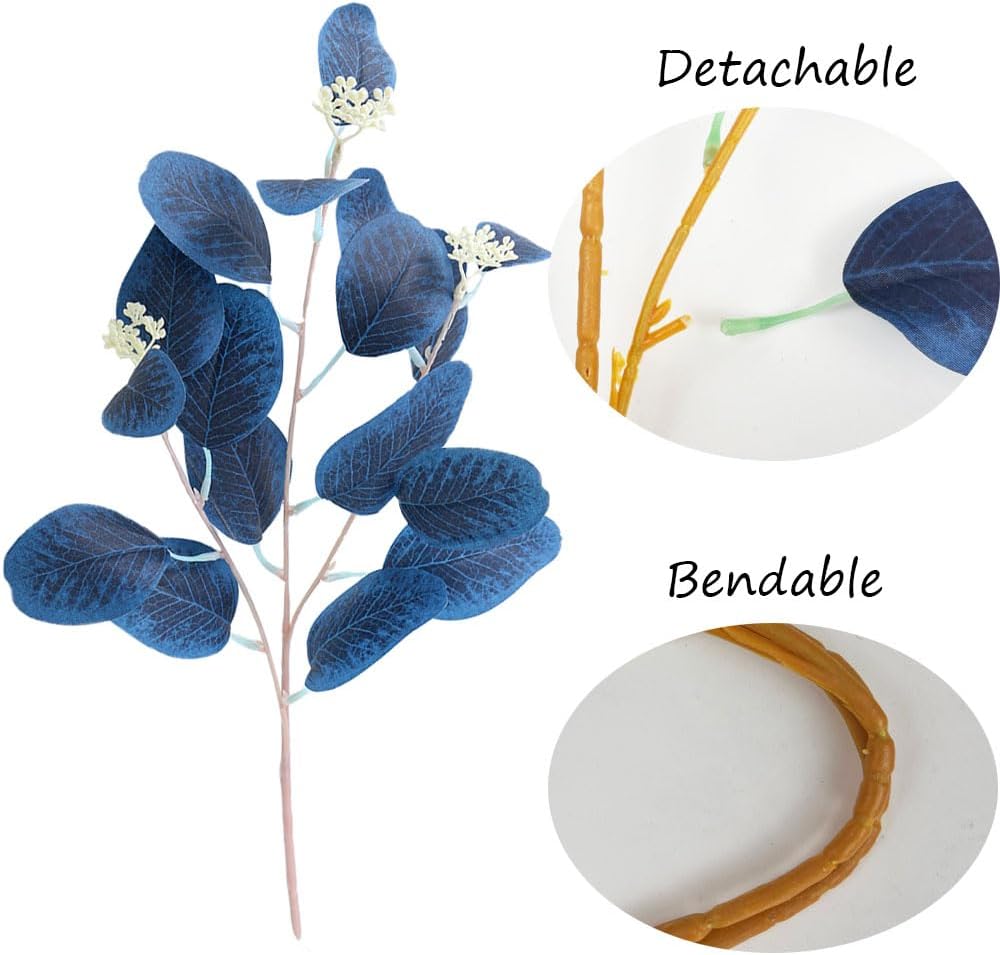 4Pcs Artificial Eucalyptus Leaves Stems Faux Eucalyptus Plant Branches for Vase Filling Home Decoration Flowers Wedding Holiday Arrangement (Royal Blue)