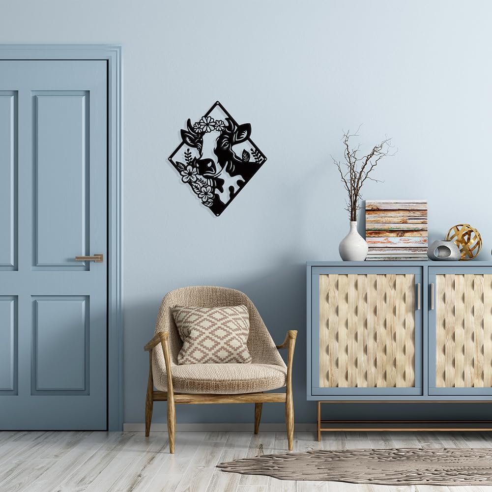 NBEADS Cow Flower Metal Wall Art Decor, Matte Black Wall Hanging Decor Silhouette Wall Art for Home Bedroom Living Room Bathroom Kitchen Office Hotel Wall Decoration, 10.3×8.86"(26.2x22.5cm)