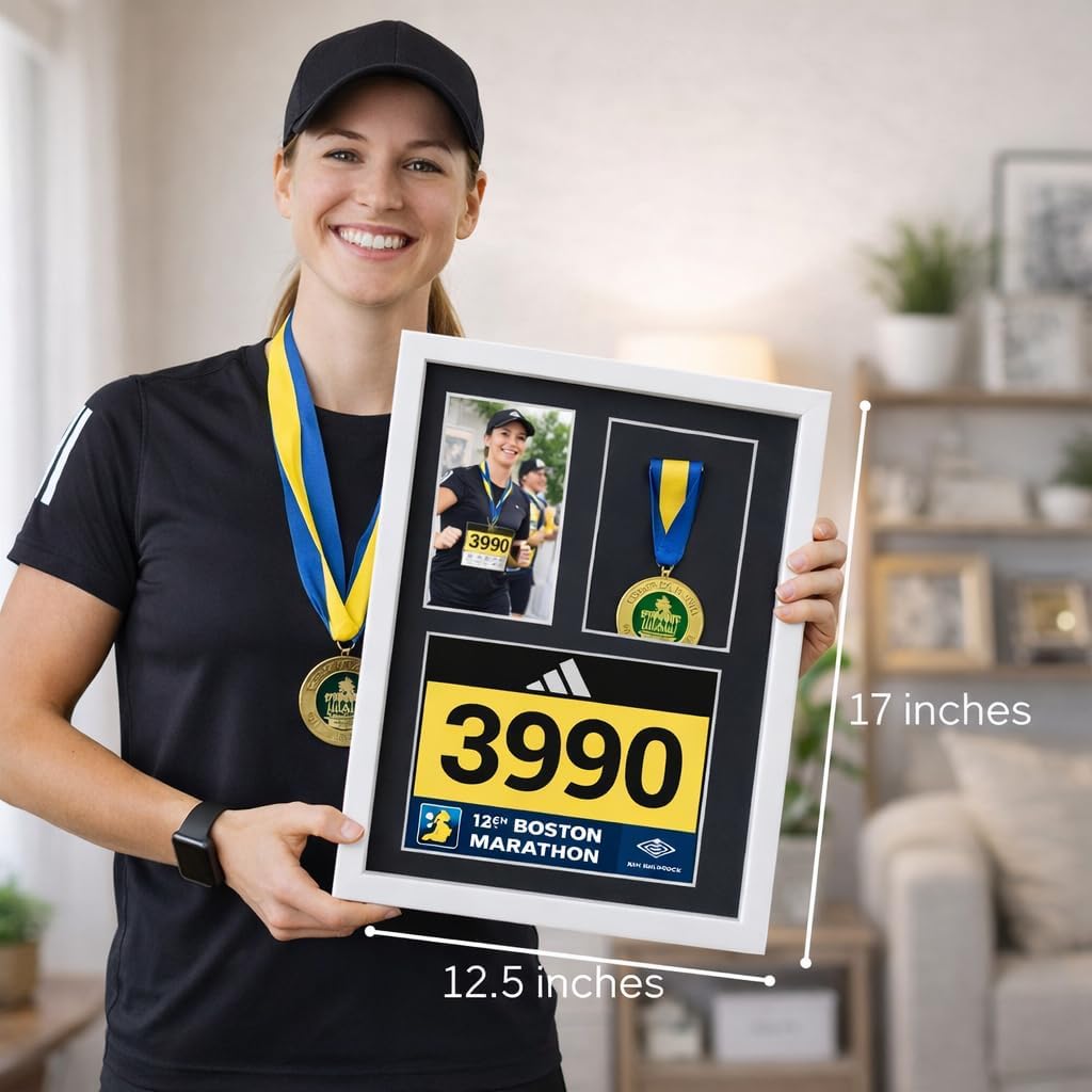 3-in-1 Shadow Box Display with Real Glass (Medal, Race Bibs, and Photo Display) – Marathon Medal Display and Frame, Triathlon & Running Bib Holder, Wall-Mounted, Real Tempered Glass- White