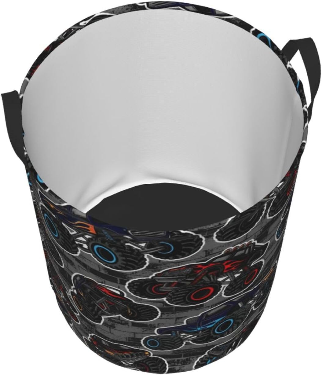 Monster Truck Boys Style Round Laundry Hamper Storage Basket Toys Clothes Organizer Bin For Home Bathroom Bedroom Dorm Nursery, 38l