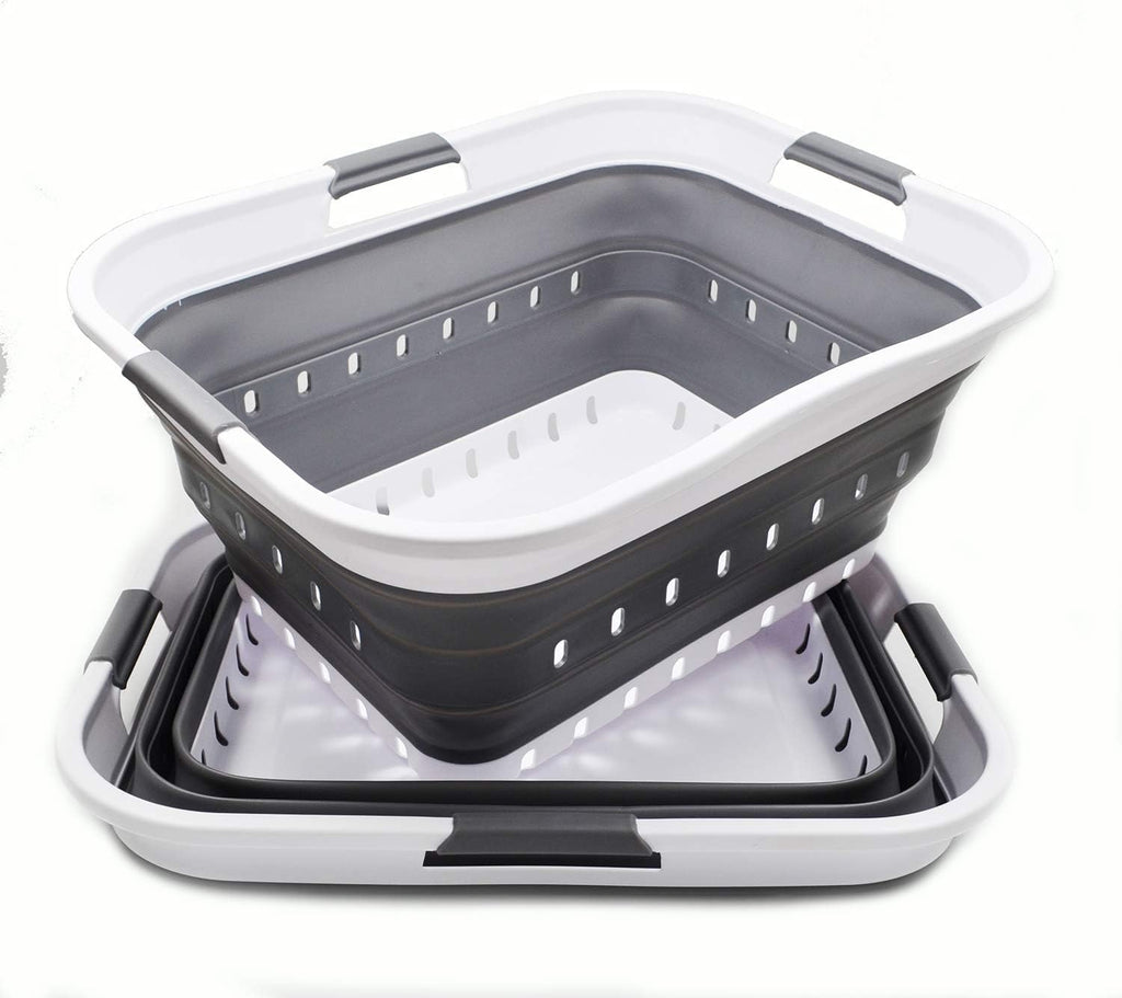 SAMMART 42L (11 gallon) Collapsible Plastic Laundry Basket - Foldable Pop Up Storage Container/Organizer - Portable Basket - Space Saving Hamper/Basket (2, White/Dark Grey)