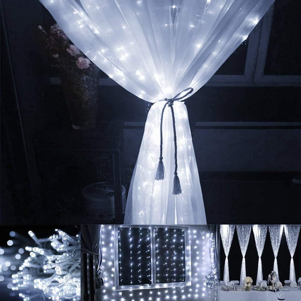 300 LED Fairy Curtain Window String Lights, Indoor String Lights 10 Ft with 8 Modes Fits Remote and Timer for Bedroom Wedding Party Patio and Christmas Decoration (Cold White)