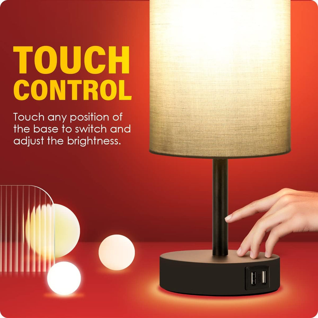 Yarra-Decor Bedside Lamp with USB Port - Touch Control Table Lamp for Bedroom 3 Way Dimmable Nightstand Lamp with Round Grey Fabric Shade for Living Room, Dorm, Home Office (LED Bulb Included)