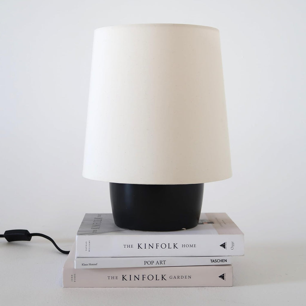 Brightech Dan LED Desk and Table Lamp - Modern Mushroom Style Ceramic Lamp for Bedroom, Bedside, Desk, Office - Cozy Corner Nightstand Light with Small Lamp Shade - Tiny Lamp with Black Ceramic Base
