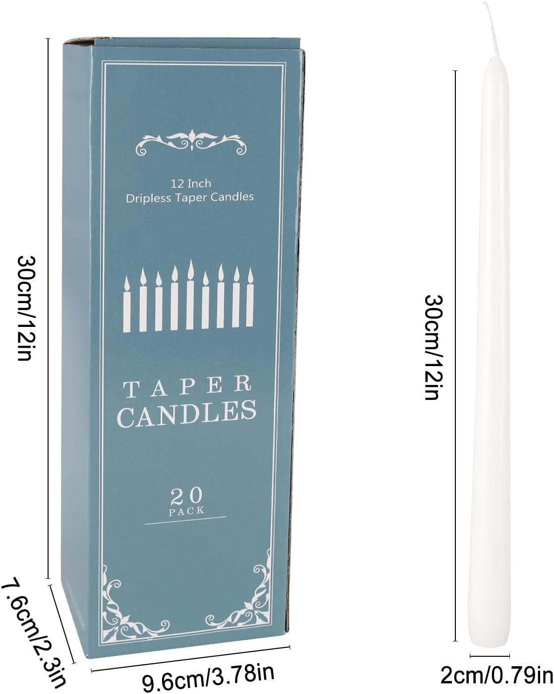 Howemon 20 Pack White Taper Candles 12 Inch Tall 3/4 Inch Thick Burn 10 Hours