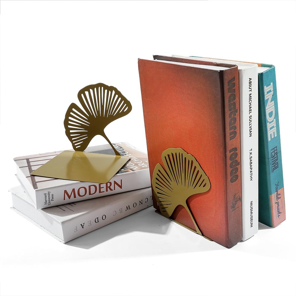 Ginkgo Leaf Metal Bookend, Botanical Leaf Veins Heavy Duty Book Stand