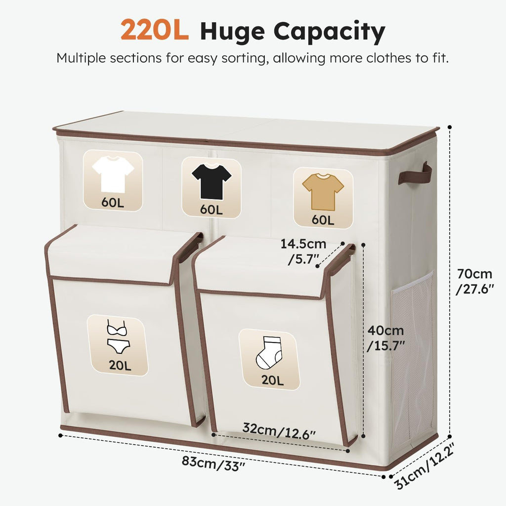 SOLEDI 220L Laundry Hamper 3 Section with Lid and 2 Side Pockets