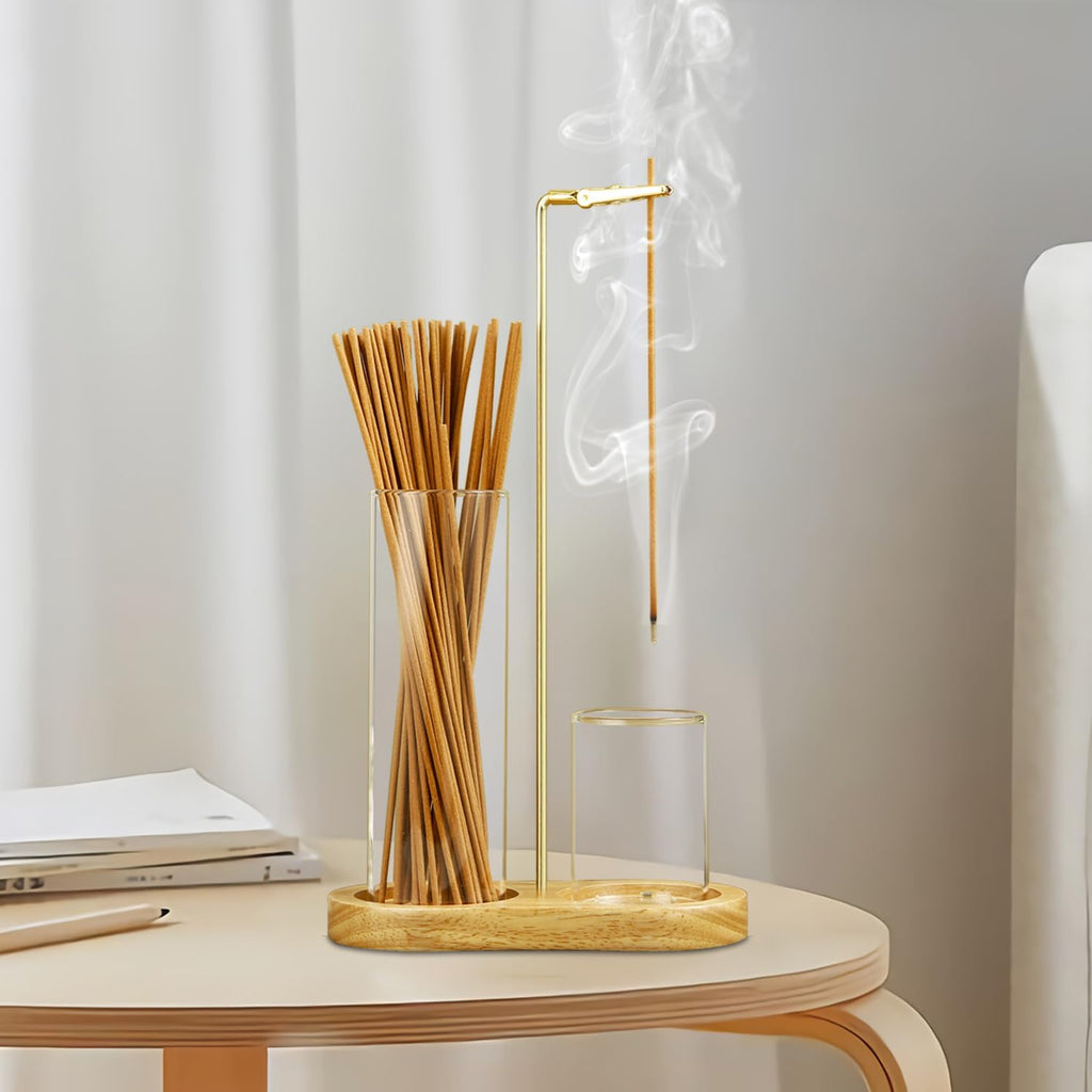 2 in 1 Incense Holder for Sticks, Anti-Ash Flying Incense Burne with Glass Ash Catcher and Incense Sticks Organizer for Meditation Yoga Spa Home Decor (Light Base)