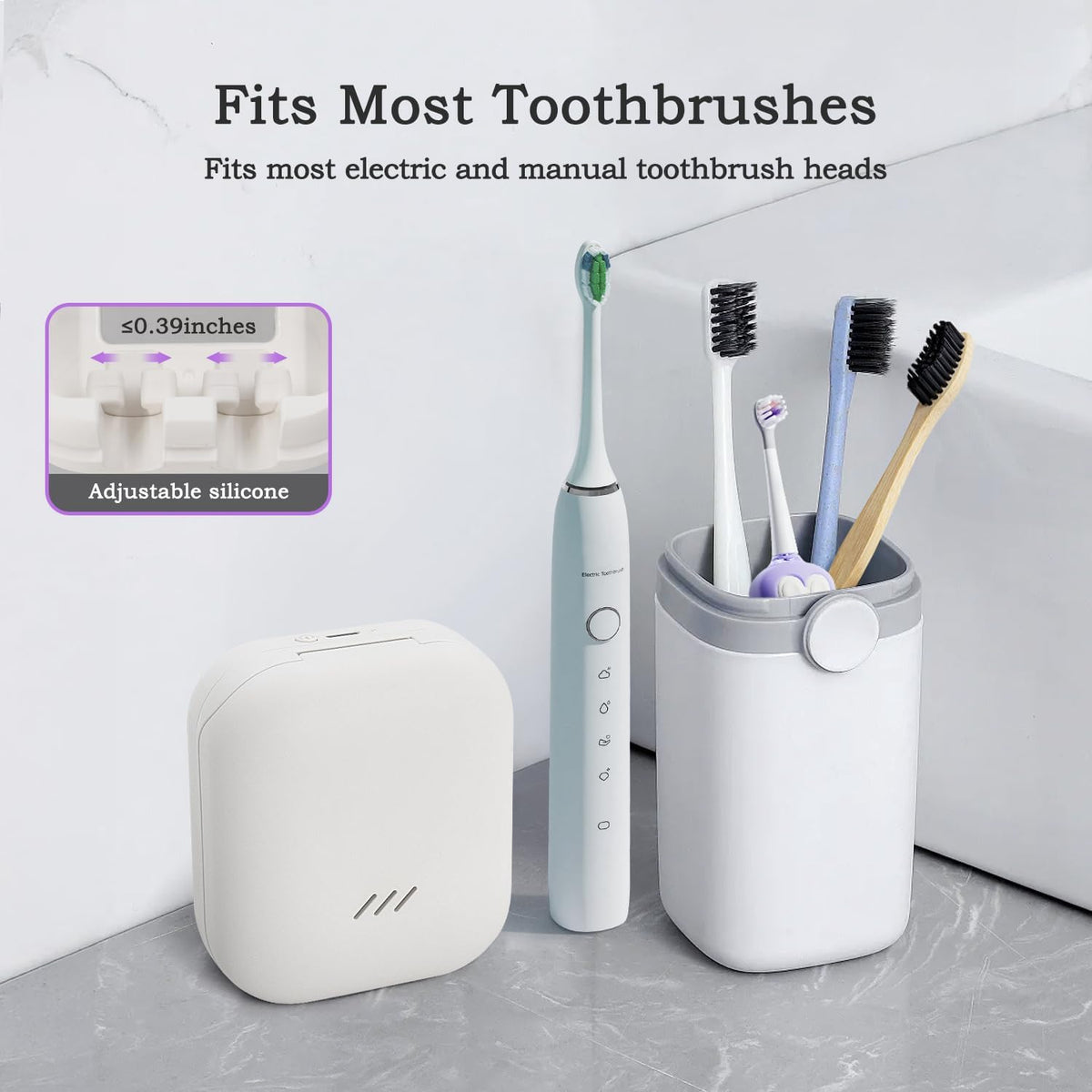 UV Toothbrush Sanitizer Holder, USB Rechargeable Bathroom Holder with Hidden Fan and Heat Drying, Wall Mount Travel Case for 2 Brushes, White