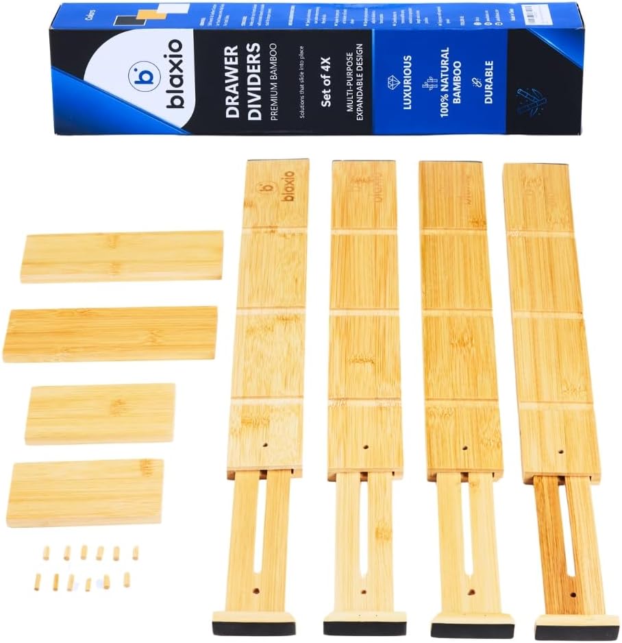 Adjustable Drawer Dividers Pack of 4 with Inserts, Set Kitchen Drawer Organizer for Utensils, Spice Organization, Deep Drawers and Baby Clothes
