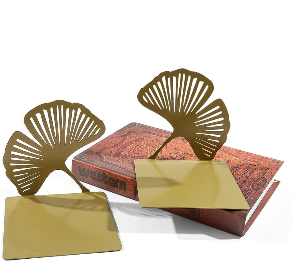 Ginkgo Leaf Metal Bookend, Botanical Leaf Veins Heavy Duty Book Stand