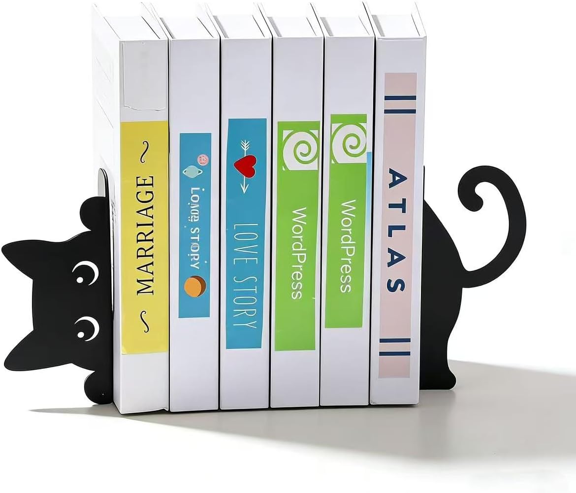 Cat Metal Bookends Set of 2 Unique Cat Design Decorative Bookends for Bookshelf Office Desk Home Decor for Cat Lovers and Reading Enthusiasts