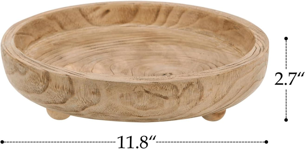 NIKKY HOME 12" Hand Carved Dough Bowls, Paulownia Wood Round Serving Bowl Decorative Wooden Tray, Natural