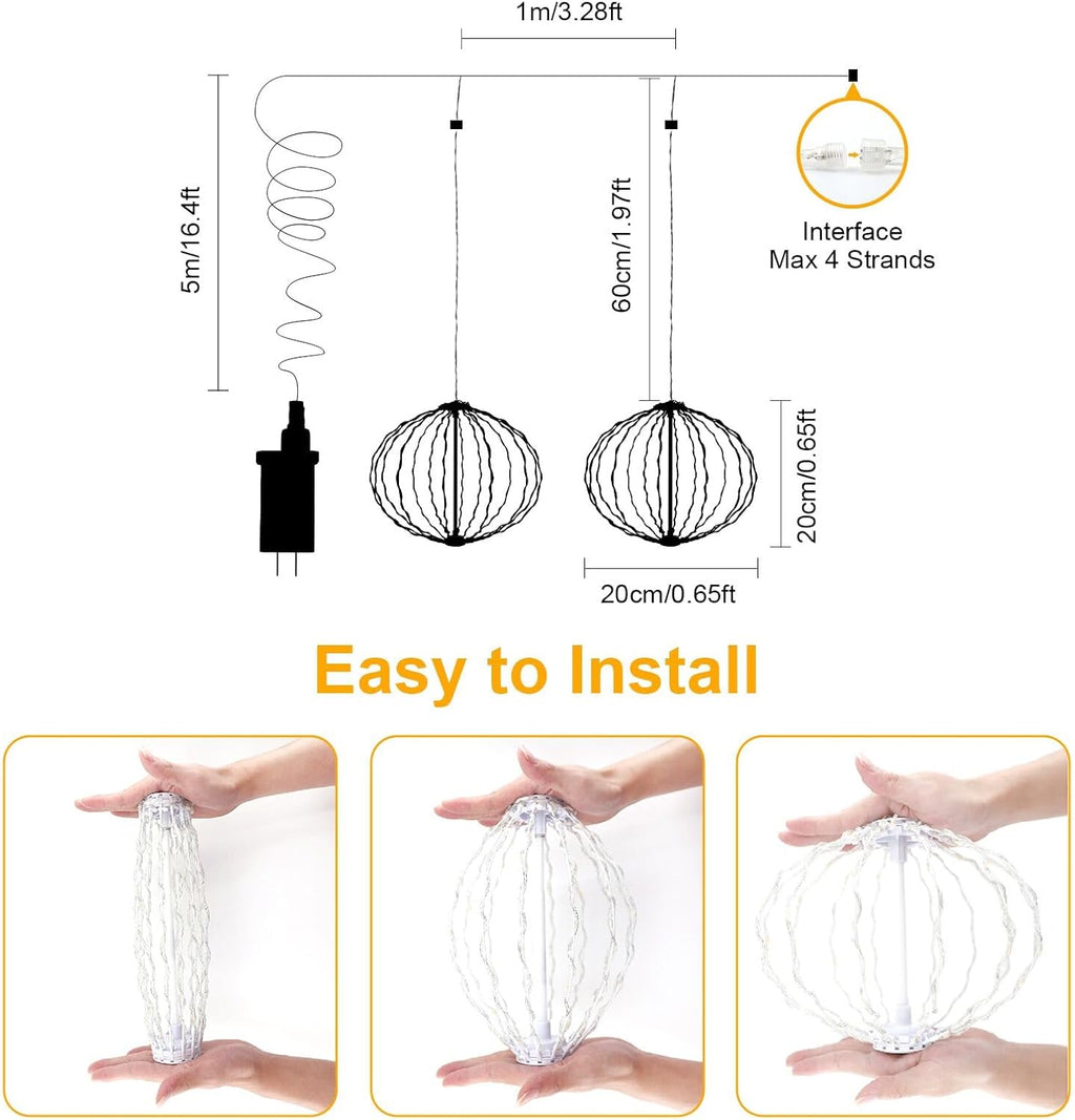 led String Lights Outdoor, 2 Pack, 8in Globe, 162 LEDs Expandable Hanging Ball Lights with 8 Modes, Timer, IP65 Waterproof Connectable for Porch, Yard, Roof Indoor Home Decor Warm White