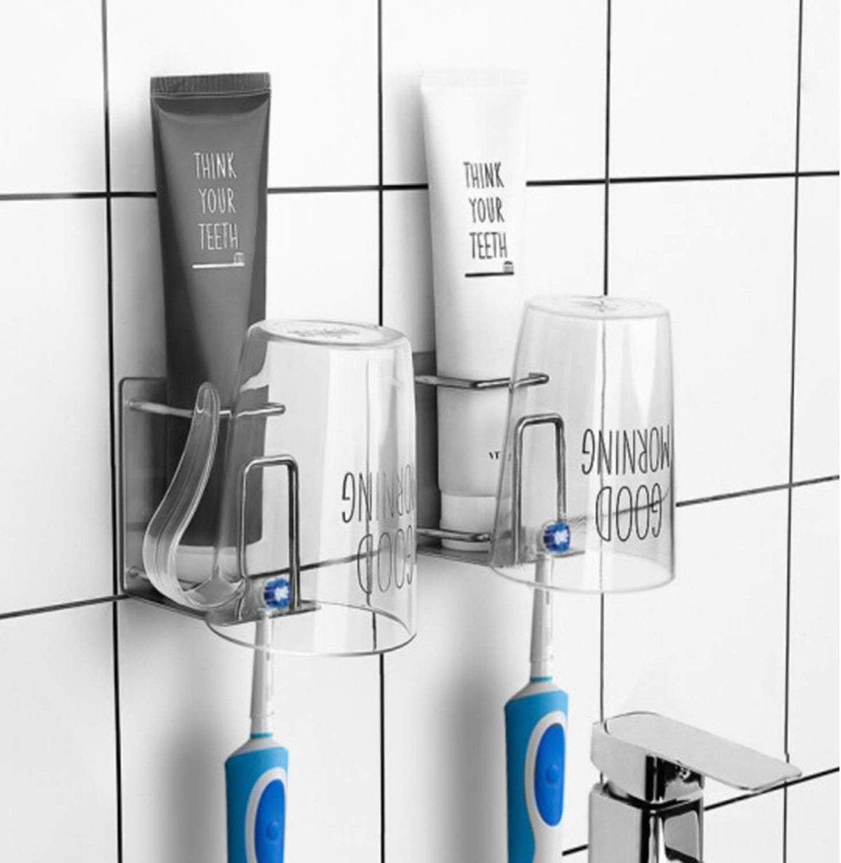 Toothbrush Holder Wall Mounted, Stainless Steel Bathroom Organizer for Electric Toothbrush, Toothpaste & Cup, No Drill Adhesive Shower Caddy (Silver,2 Pack)