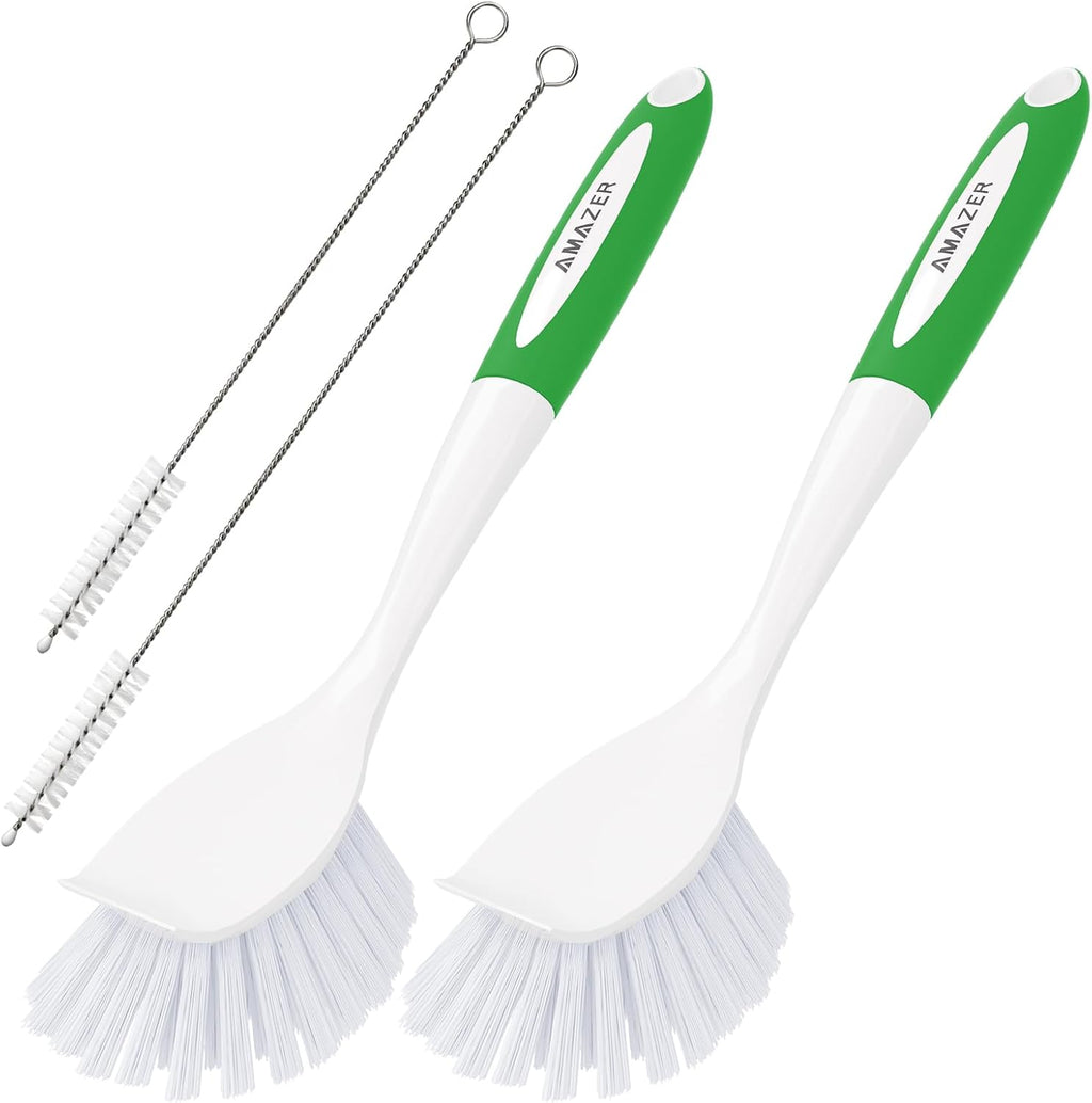 Amazer Dish Brush with Handle, 2Pcs Kitchen Scrub Brushes for Cleaning, 2Pcs Straw Cleaner Brushes for Water Bottle, Dish Scrubber with Stiff Bristles for Sink