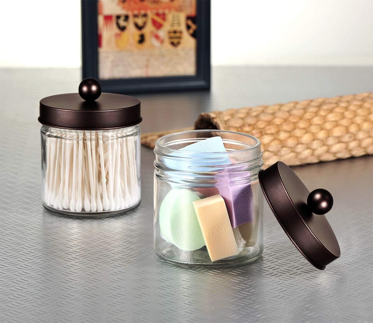 SheeChung Glass Mason Jar Qtip Holder, Bronze Stainless Steel Lids, 2 Pack