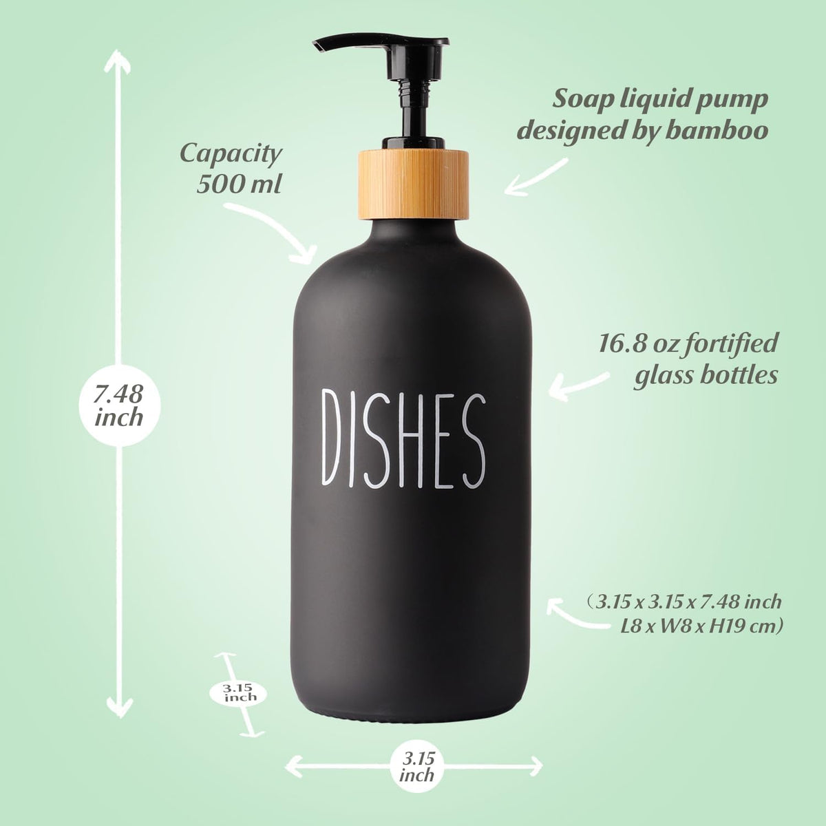 LOOCHICA 2 Pack Black Glass Soap Dispenser Set with Tray, Hand and Dish Glass Soap Dispensers for Kitchen Sink, Matte Black Soap Dispenser Suitable for Kitchen Sink, Rustic Kitchen Décor