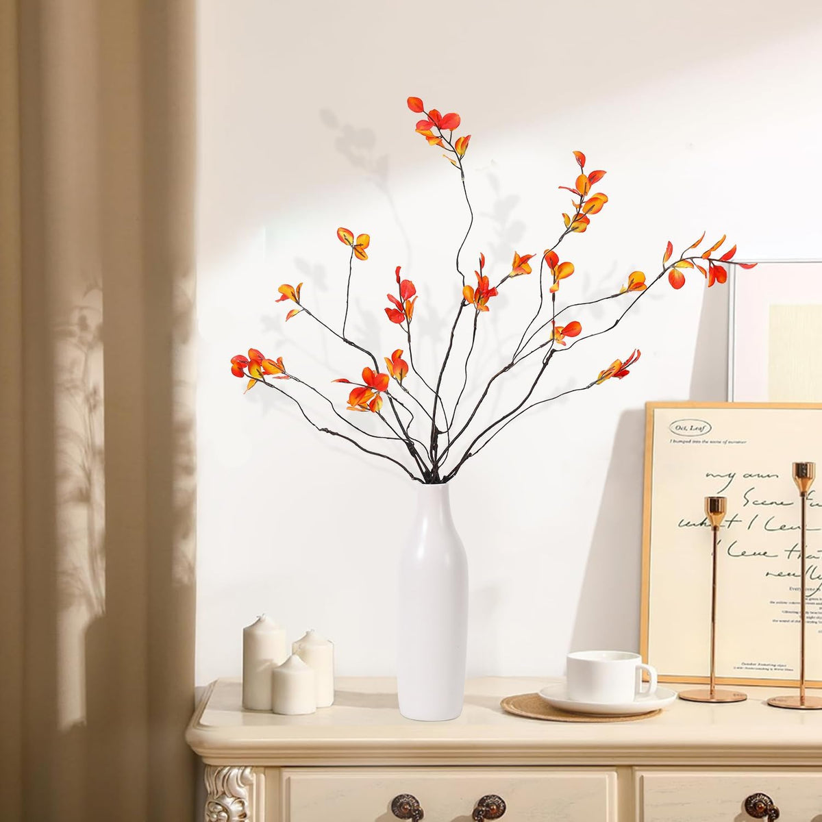 5Pcs Fall Stems Artificial Ficus Branches with Vases,Fall Faux Eucalyptus Stems in Flower Vase,Yellow Fake Plant leaves for Thanksgiving Autumn Home Bedroom Decor Centerpiece Table Decoration