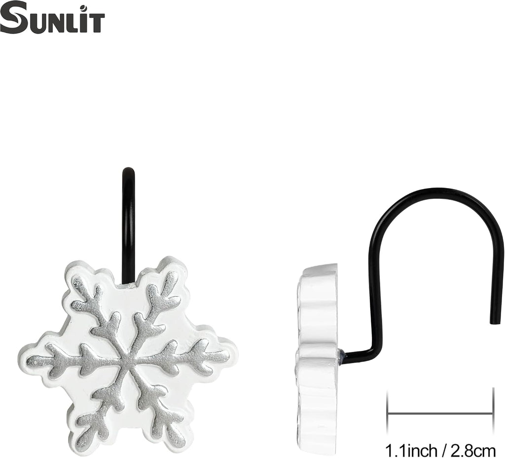 Sunlit Christmas Shower Curtain Hooks, Silver Snowflakes Shower Curtain Rings with Black Hooks, Resin, White Christmas Decor, Winter Bathroom Decoration, Set of 12