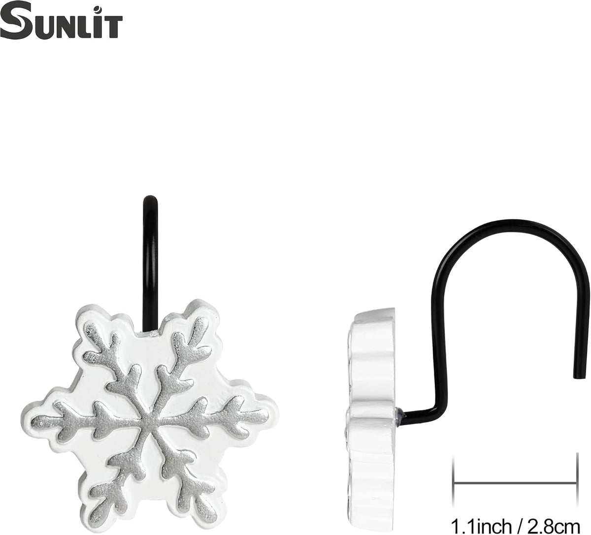 Sunlit Christmas Shower Curtain Hooks, Silver Snowflakes Shower Curtain Rings with Black Hooks, Resin, White Christmas Decor, Winter Bathroom Decoration, Set of 12