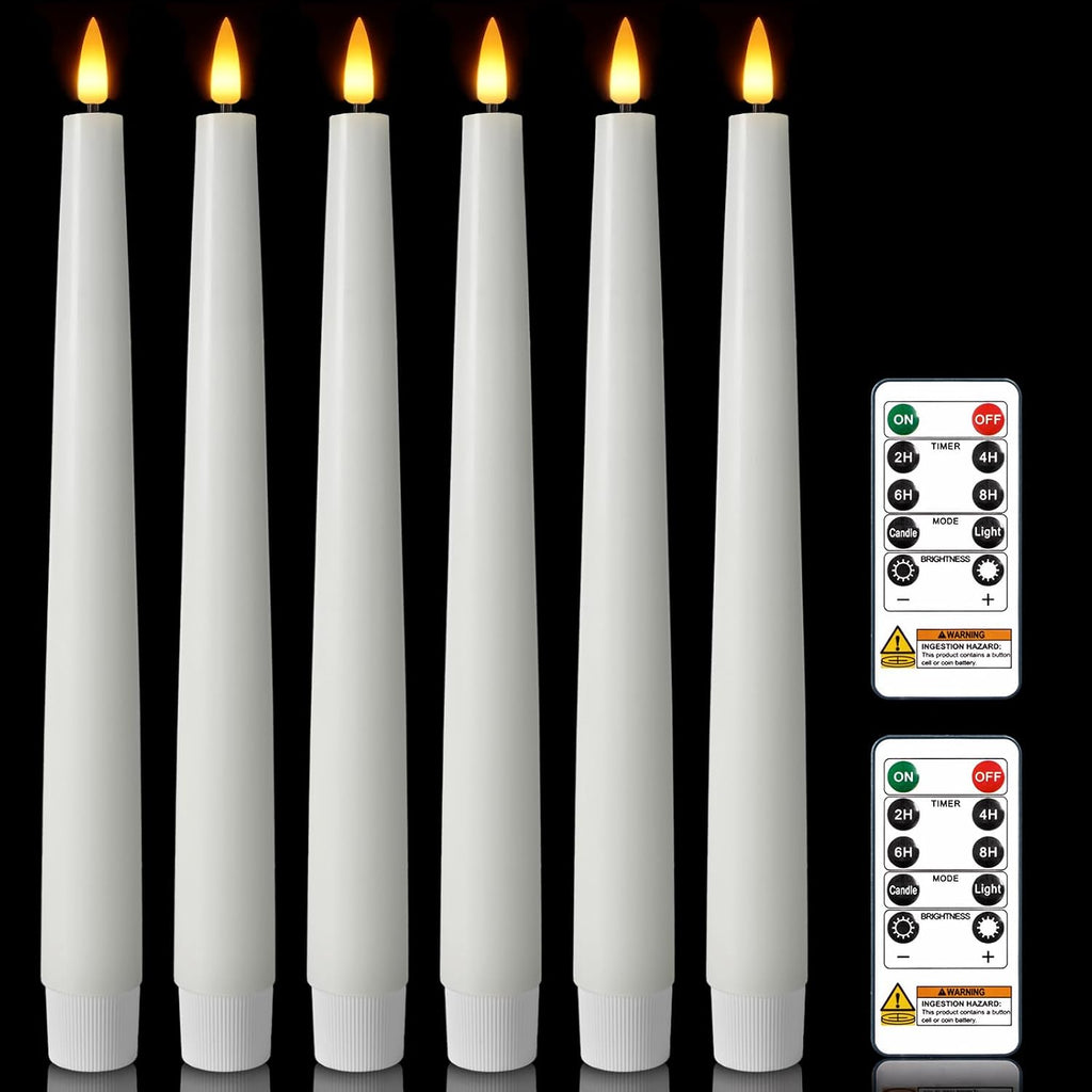 Homemory 9.6 Inches Waxy Flameless Taper Candles with Remote Timer Dimmer, Flickering LED Candlesticks, Battery Operated Window Candle for Christmas Wedding Decor, 6 Pcs White Classic Taper Candles