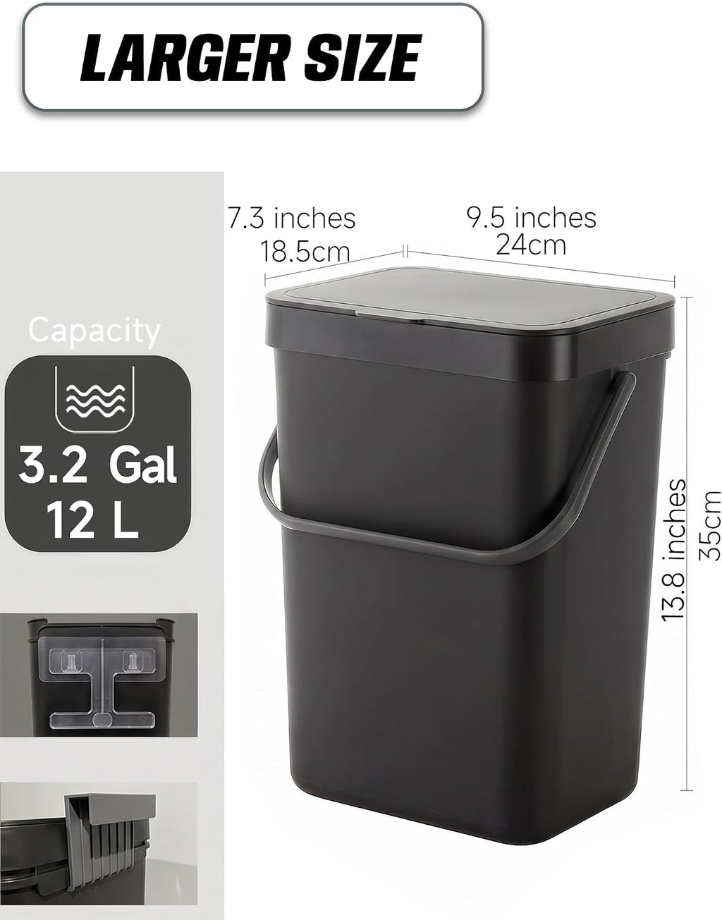 3.2 Gal Hanging Trash Can with Slide Lid, Garbage Can 12L/Black