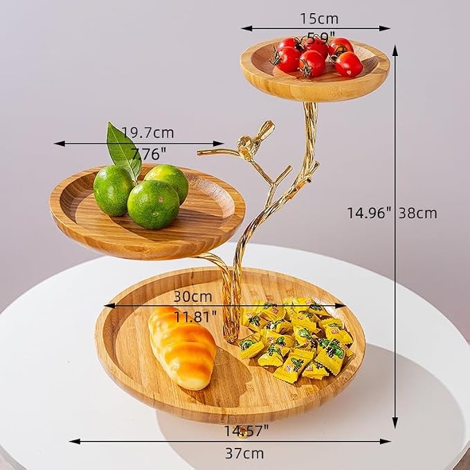 LANDTOM 3-Tier Fruit Basket Electroplating Metal Stand Decorative Fruit Bowl Rack Bamboo Wooden Storage Trays Table Countertop Holder for Vegetables Bread Snack for Kitchen Home Use, Gold (Type D)
