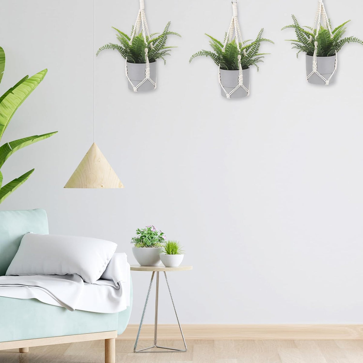 Macrame Plant Hanger, 2 Pack Boho Hanging Planters Baskets for Indoor Plants Decorative Braided Cotton Rope Flower Pot Holder with Metal Hook Rings for Outdoor Home Decor, No Tassels, Ivory, 20 Inchs