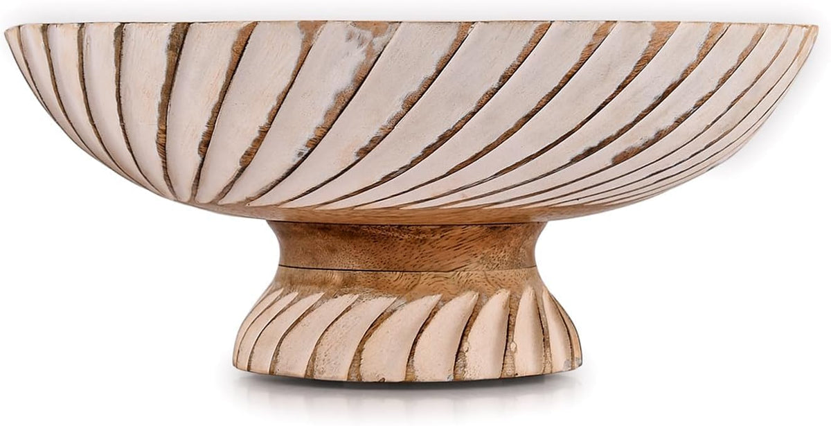 NIRMAN FRUIT BOWL Mango Wood Fruit Bowl Pedestal Bowl for Table Décor, Wooden Fruit Bowl for Kitchen Counter Pedestal Fruit Bowl, Dried Fruit (12" X 12" X 4.75")
