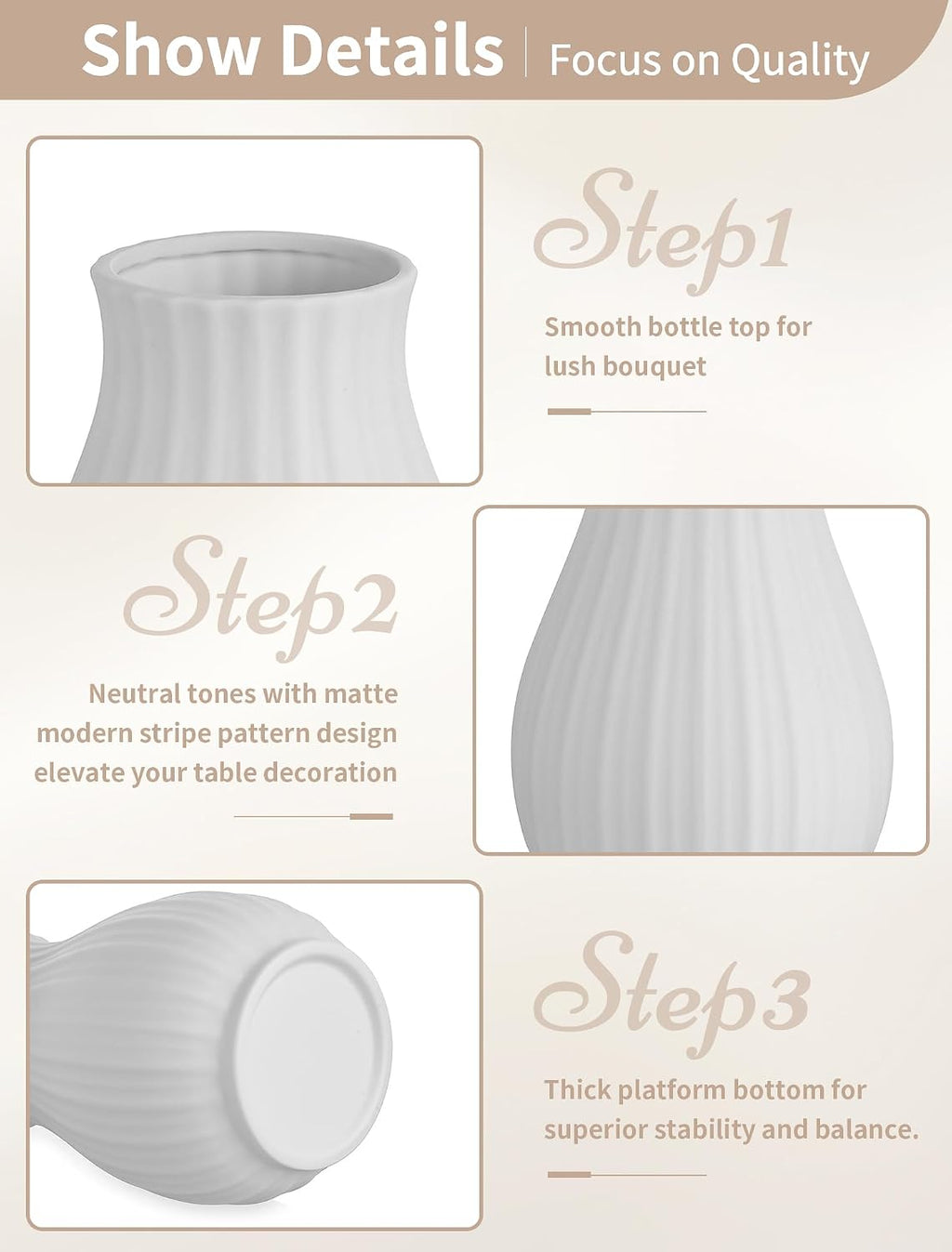 NUPTIO Ceramic Flower Vase for Bouquet, White, 8.07" Tall
