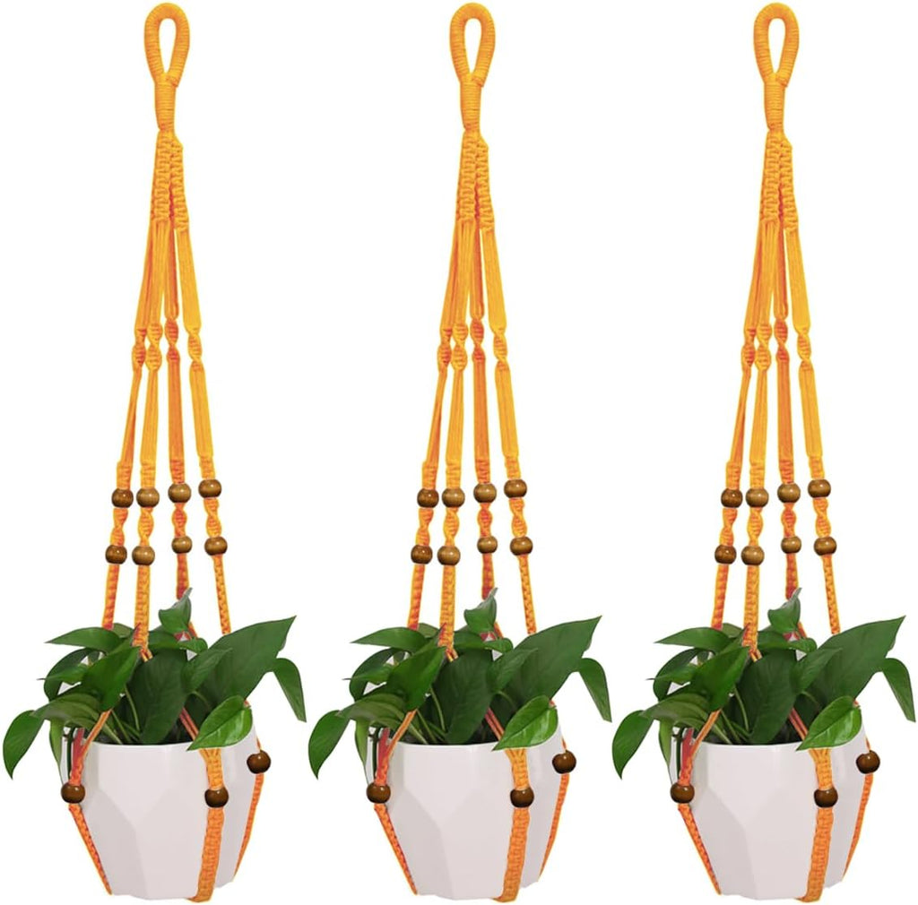 3 Pcs 35 Inch Macrame Plant Hanger Flower Pot Hanging Plant Holder No Tassels Decorative Hanging Planter Basket with Wood Beads for Indoor Outdoor Home Decor (Orchid Yellow)