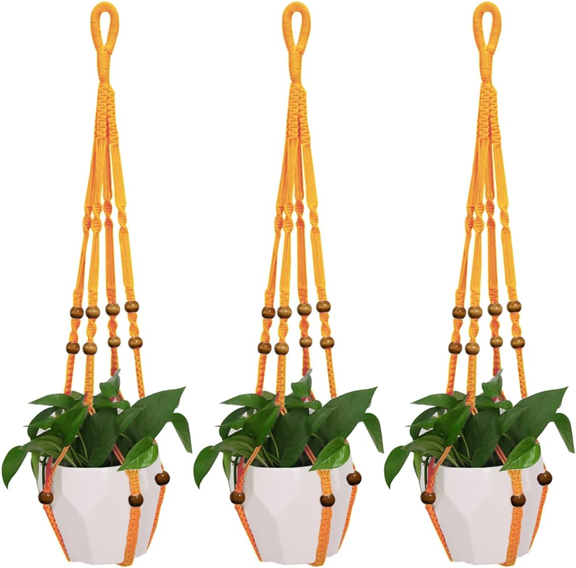 3 Pcs 35 Inch Macrame Plant Hanger Flower Pot Hanging Plant Holder No Tassels Decorative Hanging Planter Basket with Wood Beads for Indoor Outdoor Home Decor (Orchid Yellow)